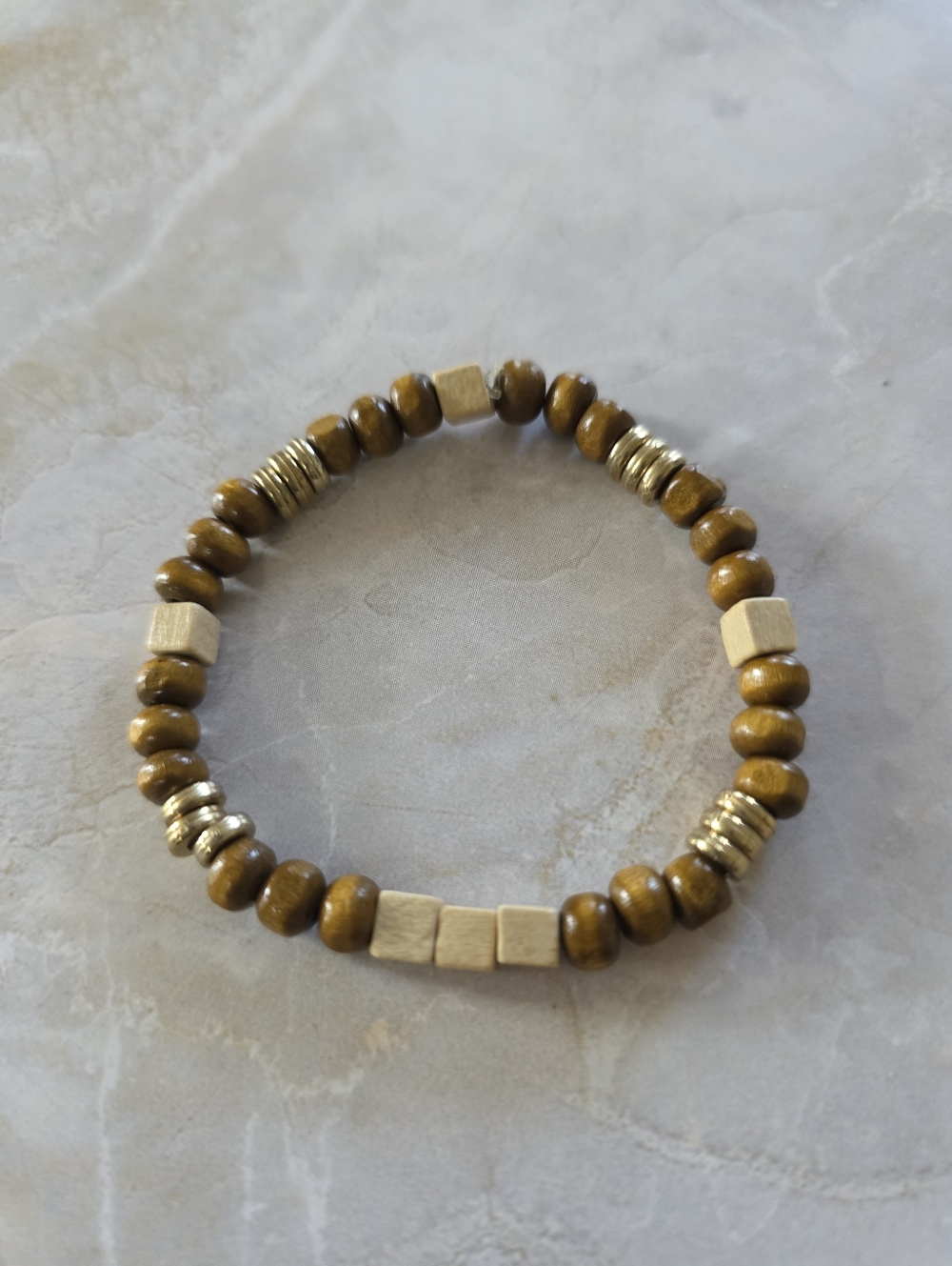 Wooden Bead Stretch Bracelet - Brown and Gold